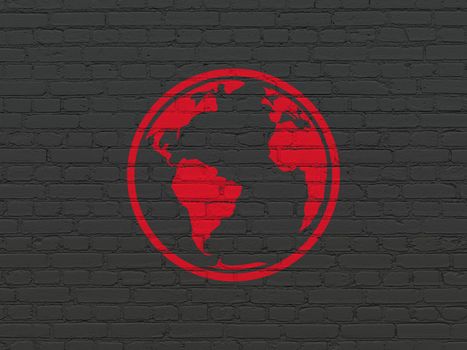 Learning concept: Painted red Globe icon on Black Brick wall background