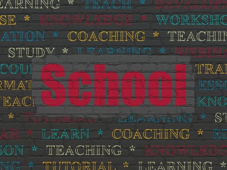 Studying concept: Painted red text School on Black Brick wall background with  Tag Cloud