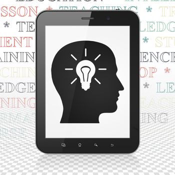 Studying concept: Tablet Computer with  black Head With Light Bulb icon on display,  Tag Cloud background