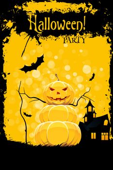 Grungy Halloween Party Card with Pumpkin, Bats and Haunted House