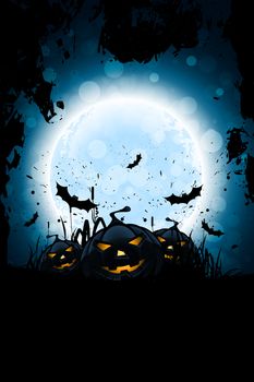 Grunge Halloween Party Background with Pumpkins Grass and Bats