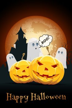 Halloween Background with Haunted House, Pumpkins, Bats and Ghosts