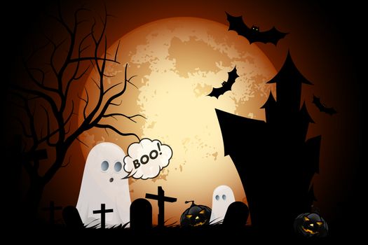 Halloween Background with Haunted House, Pumpkins, Bats and Ghosts