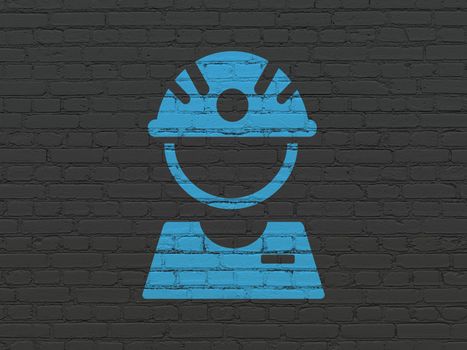 Manufacuring concept: Painted blue Factory Worker icon on Black Brick wall background