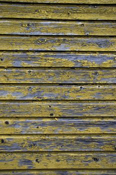 Yellow paint peeling of wood wall background and texture