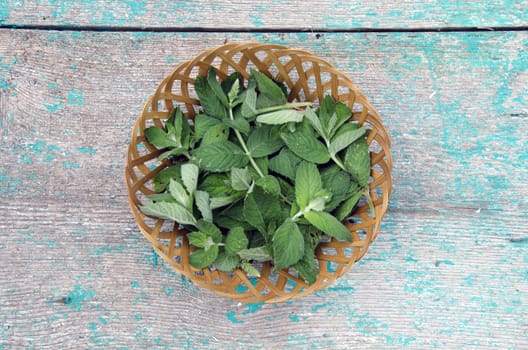 Mint fresh leaves in wicket basket on wooden background