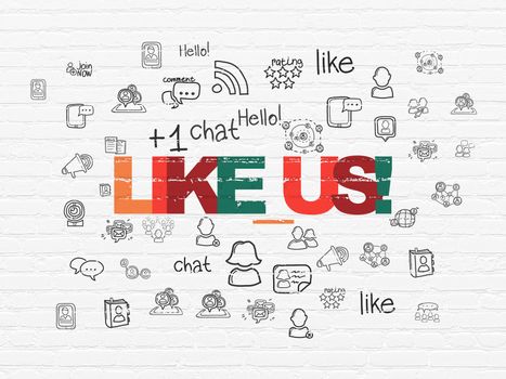 Social network concept: Painted multicolor text Like us! on White Brick wall background with  Hand Drawn Social Network Icons