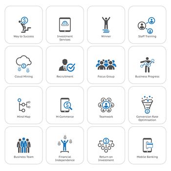 Flat Design Icons Set. Icons for business, management, finance, strategy, planning, analytics, banking, communication, social network, affiliate marketing.