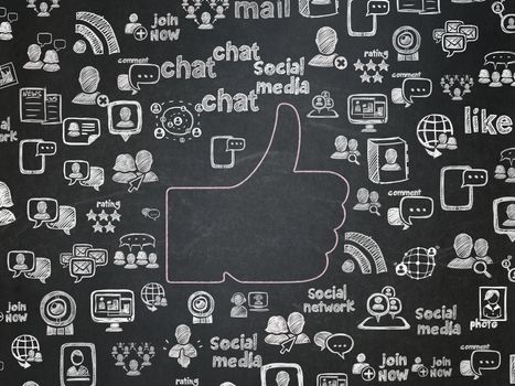 Social media concept: Chalk Pink Thumb Up icon on School Board background with  Hand Drawn Social Network Icons