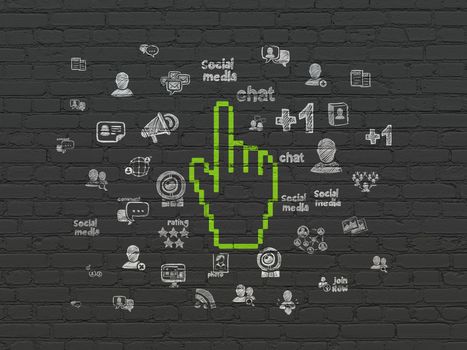 Social media concept: Painted green Mouse Cursor icon on Black Brick wall background with  Hand Drawn Social Network Icons