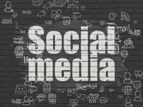 Social media concept: Painted white text Social Media on Black Brick wall background with Scheme Of Hand Drawn Social Network Icons