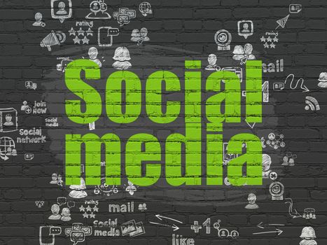 Social network concept: Painted green text Social Media on Black Brick wall background with Scheme Of Hand Drawn Social Network Icons
