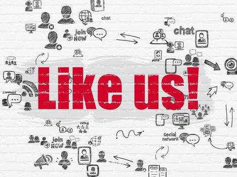 Social network concept: Painted red text Like us! on White Brick wall background with Scheme Of Hand Drawn Social Network Icons