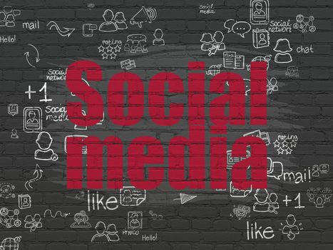Social media concept: Painted red text Social Media on Black Brick wall background with Scheme Of Hand Drawn Social Network Icons