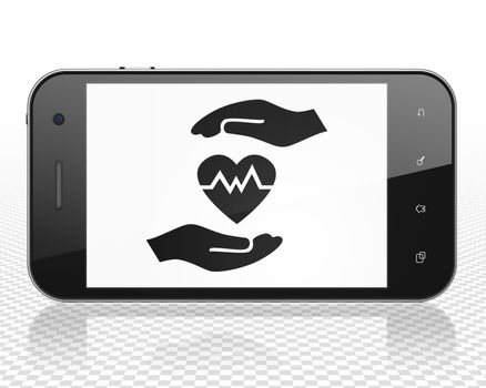 Insurance concept: Smartphone with black Heart And Palm icon on display
