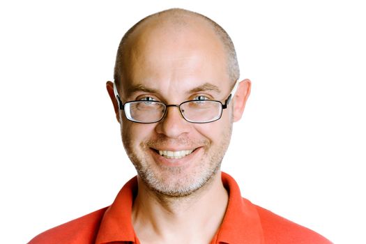 Smiling happy unshaven man on a white background with glasses