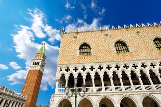 Doge Palace and bell tower of St. Mark in Piazza San Marco (St. Mark Square) in the city of Venezia (UNESCO world heritage site), Veneto, Italy