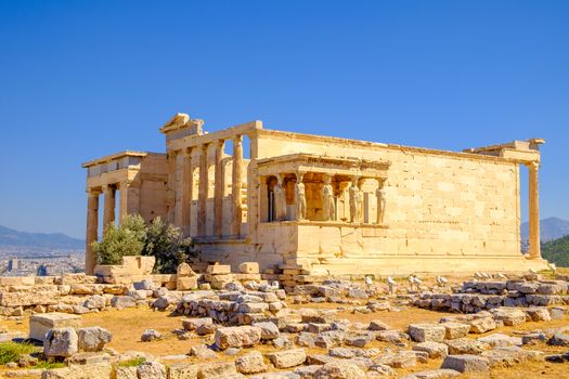 Scenic view of ancient ruins and Erechteion temple, Acropolis, Athens, Greece