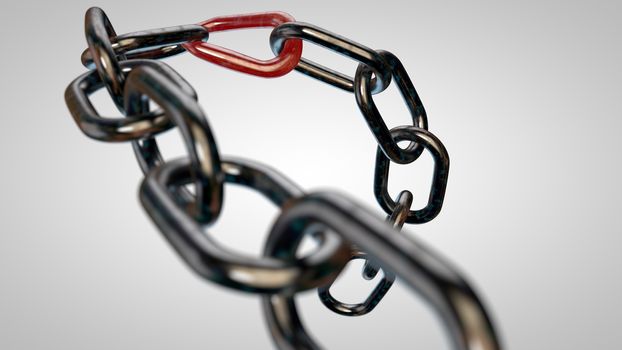 Abstract 3d illustration of rusty chrome chain with weak red link