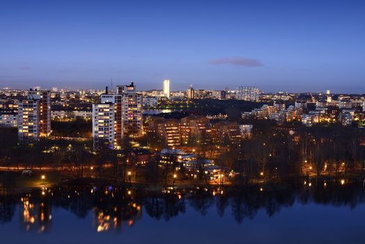 Modern apartment buildings in Stockholm neighborhood.