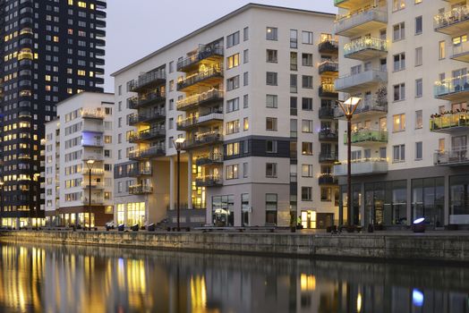 Modern apartment buildings in Stockholm neighborhood.