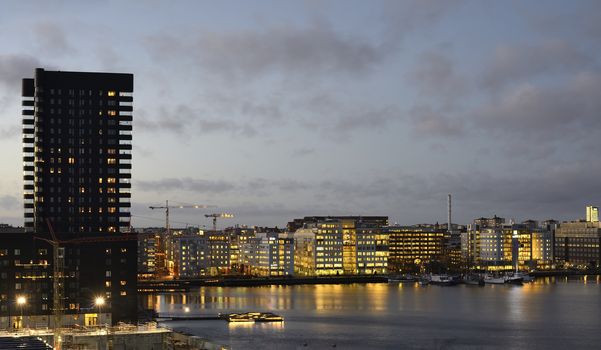 Modern apartment buildings in Stockholm neighborhood.