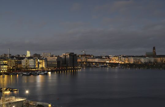 Modern apartment buildings in Stockholm neighborhood.