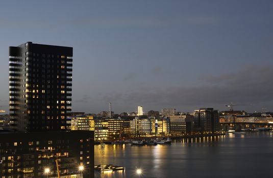 Modern apartment buildings in Stockholm neighborhood.