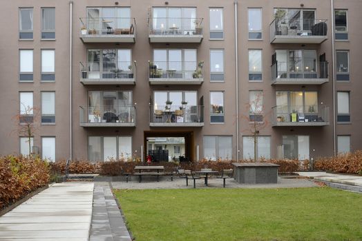 Modern apartment buildings in new neighborhood.