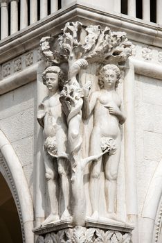 Detail of the Doge Palace with statues of Adam and Eve, St. Mark Square, Venice (UNESCO world heritage site), Veneto, Italy