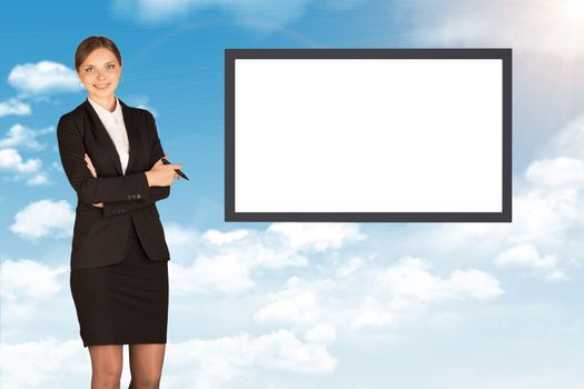 Business lady holding pen on abstract blue sky background with empty square shape place