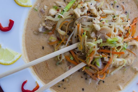 ramen asian noodle soup with vegetables and beef