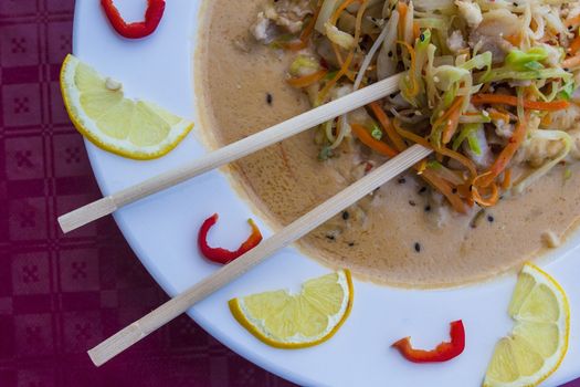 ramen asian noodle soup with vegetables and beef