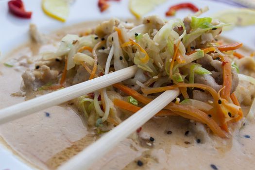 ramen asian noodle soup with vegetables and beef