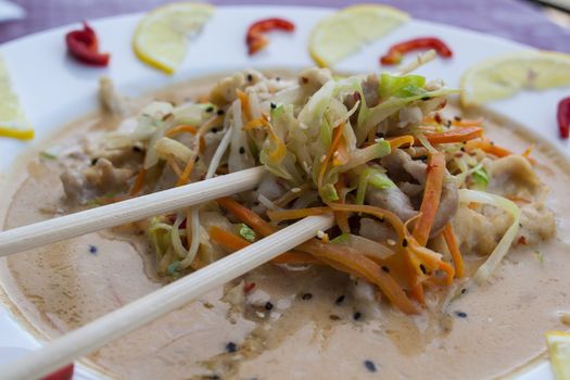 ramen asian noodle soup with vegetables and beef