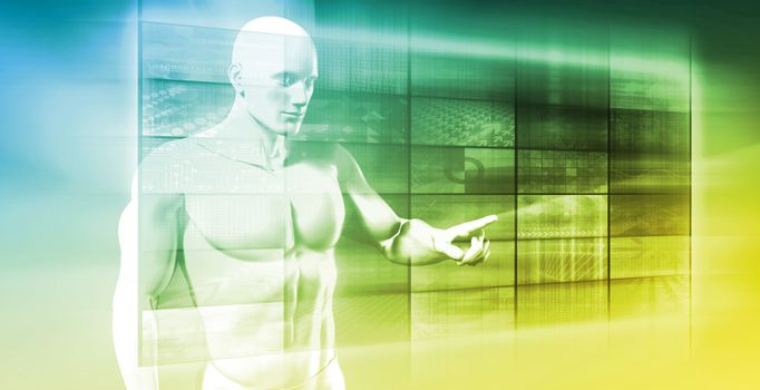 Businessman Navigating Network on Futuristic Touchscreen