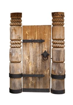 old wooden door with metal hinges. isolated