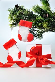 beautiful gift boxes with red ribbons on a white background