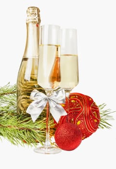 Champagne with two glasses and new year composition isolated