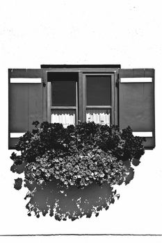  Bavarian Window with Open Wooden Shutters, Decorated with Fresh Flowers, Retro Image Filtered Style
