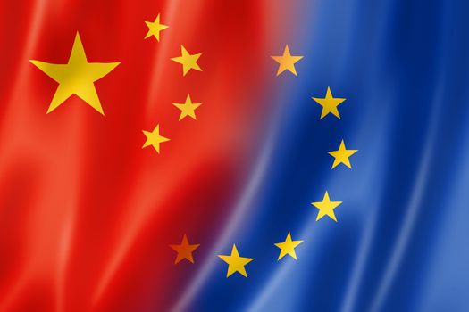 Mixed China and Europe flag, three dimensional render, illustration