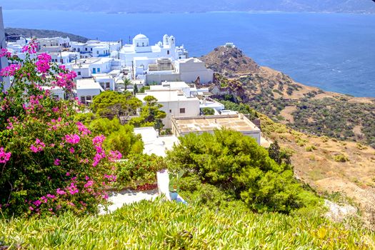 Landscape view of traditional Greek cycladic village Plaka, Milos island, Greece