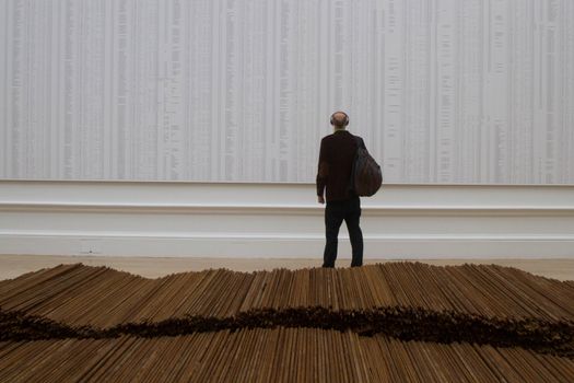UK, London: Wood sculpture by Chinese artist Ai Weiwei, in his new exhibition at the Royal Academy in London, on September 15, 2015. 	The show opens to the public on September 19 and has been hailed by critics as his best ever exhbition. Works include a six-part diorama called 'Sacred' depicting his arrest, painted vases, and a security camera made from marble.