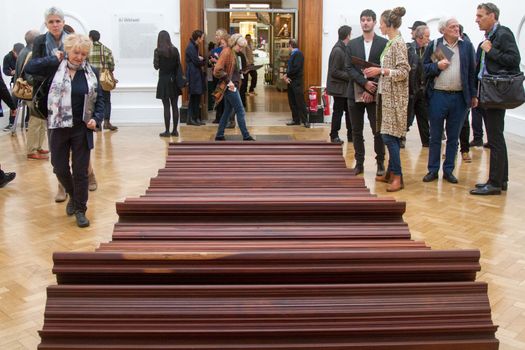 UK, London: Wood sculpture by Chinese artist Ai Weiwei, in his new exhibition at the Royal Academy in London, on September 15, 2015. 	The show opens to the public on September 19 and has been hailed by critics as his best ever exhbition. Works include a six-part diorama called 'Sacred' depicting his arrest, painted vases, and a security camera made from marble.