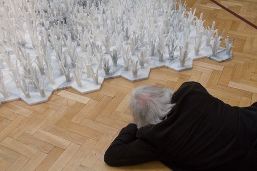 UK, London: Marble lawn by Chinese artist Ai Weiwei, in his new exhibition at the Royal Academy in London, on September 15, 2015. 	The show opens to the public on September 19 and has been hailed by critics as his best ever exhbition. Works include a six-part diorama called 'Sacred' depicting his arrest, painted vases, and a security camera made from marble.