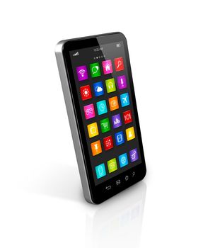 3D smartphone, mobile phone with apps icons interface - isolated on white with clipping path