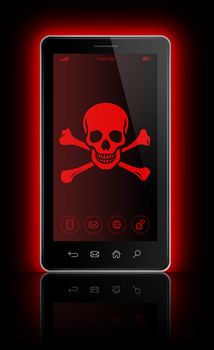 3D smartphone with a pirate symbol on screen. Hacking concept