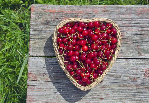 Ripe cherries in wicker basket on old garden wooden table