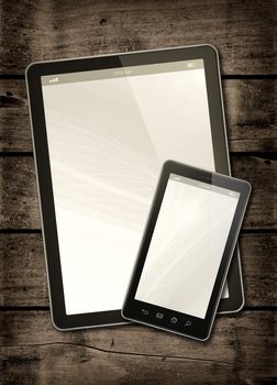 Smartphone and digital tablet PC on a dark wood table - vertical office mockup