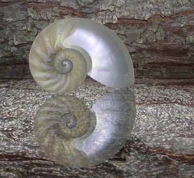 Chambered Nautilus cutaway Shell over tree bark background